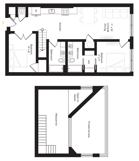 Floor plan for 2 beds, 2 baths, 1223 sqft